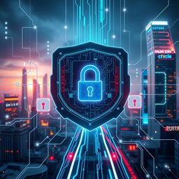 A high-tech scene depicting cyber security, with digital locks, encrypted data streams, and a futuristic cityscape background