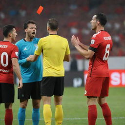 An intense moment in a football match where angry players are protesting against a referee showing a red card