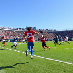 An exciting scene of a football game with players in action, wearing colorful jerseys, on a green field with a stadium full of cheering fans in the background