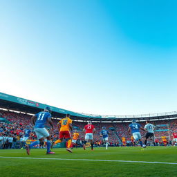 An exciting scene of a football game with players in action, wearing colorful jerseys, on a green field with a stadium full of cheering fans in the background