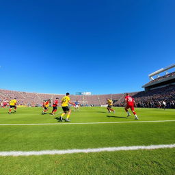 An exciting scene of a football game with players in action, wearing colorful jerseys, on a green field with a stadium full of cheering fans in the background