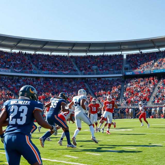 An exciting scene of a football game with players in action, wearing colorful jerseys, on a green field with a stadium full of cheering fans in the background