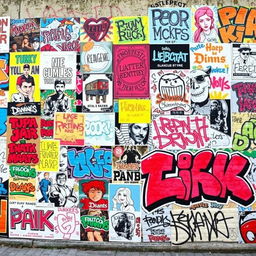 Una pared cubierta de pósters con grafitis encima