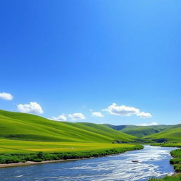 A serene landscape with a clear blue sky, rolling green hills, a sparkling river, and a few fluffy white clouds