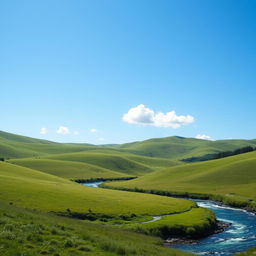 A serene landscape with a clear blue sky, rolling green hills, a sparkling river, and a few fluffy white clouds