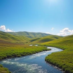 A serene landscape with a clear blue sky, rolling green hills, a sparkling river, and a few fluffy white clouds