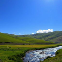 A serene landscape with a clear blue sky, rolling green hills, a sparkling river, and a few fluffy white clouds