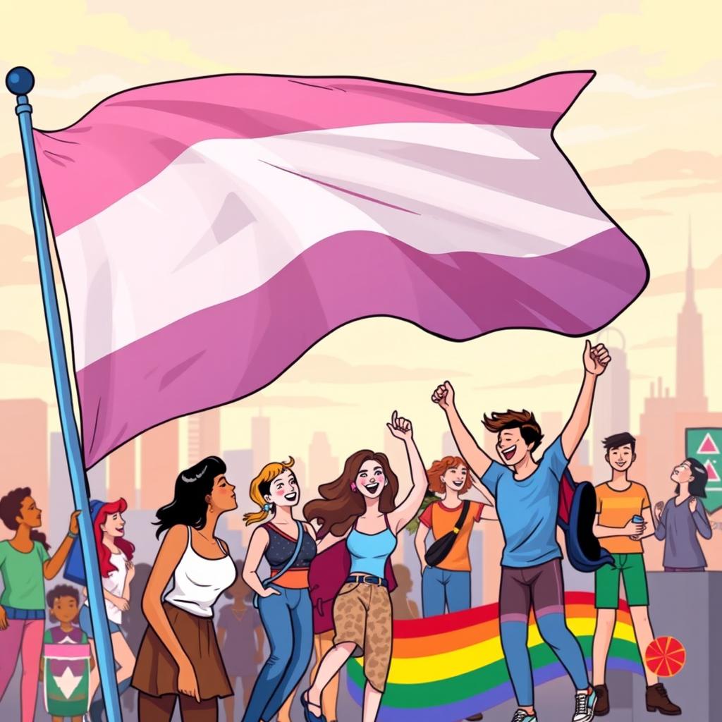 A vibrant and celebratory illustration of a transgender pride flag waving in the wind, with diverse individuals from the LGBTQ+ community joyfully interacting