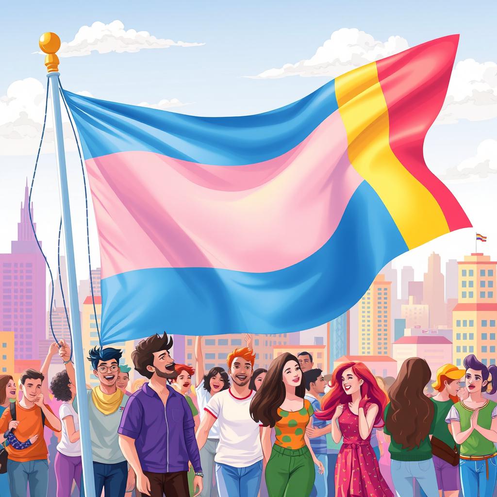 A vibrant and celebratory illustration of a transgender pride flag waving in the wind, with diverse individuals from the LGBTQ+ community joyfully interacting