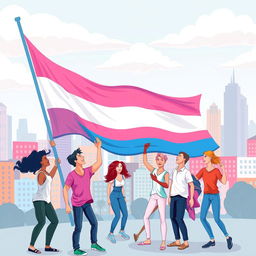 A vibrant and celebratory illustration of a transgender pride flag waving in the wind, with diverse individuals from the LGBTQ+ community joyfully interacting