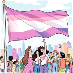 A vibrant and celebratory illustration of a transgender pride flag waving in the wind, with diverse individuals from the LGBTQ+ community joyfully interacting