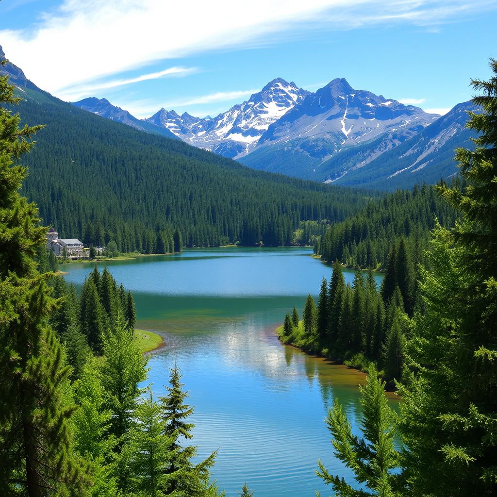 A beautiful landscape featuring a serene lake surrounded by lush green forests, with a majestic mountain range in the background under a clear blue sky