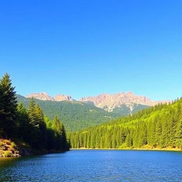 A beautiful landscape featuring a serene lake surrounded by lush green forests, with a majestic mountain range in the background under a clear blue sky