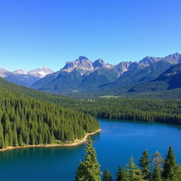 A beautiful landscape featuring a serene lake surrounded by lush green forests, with a majestic mountain range in the background under a clear blue sky