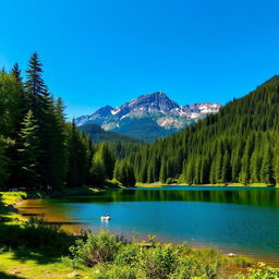 A beautiful landscape featuring a serene lake surrounded by lush green forests, with a majestic mountain range in the background under a clear blue sky