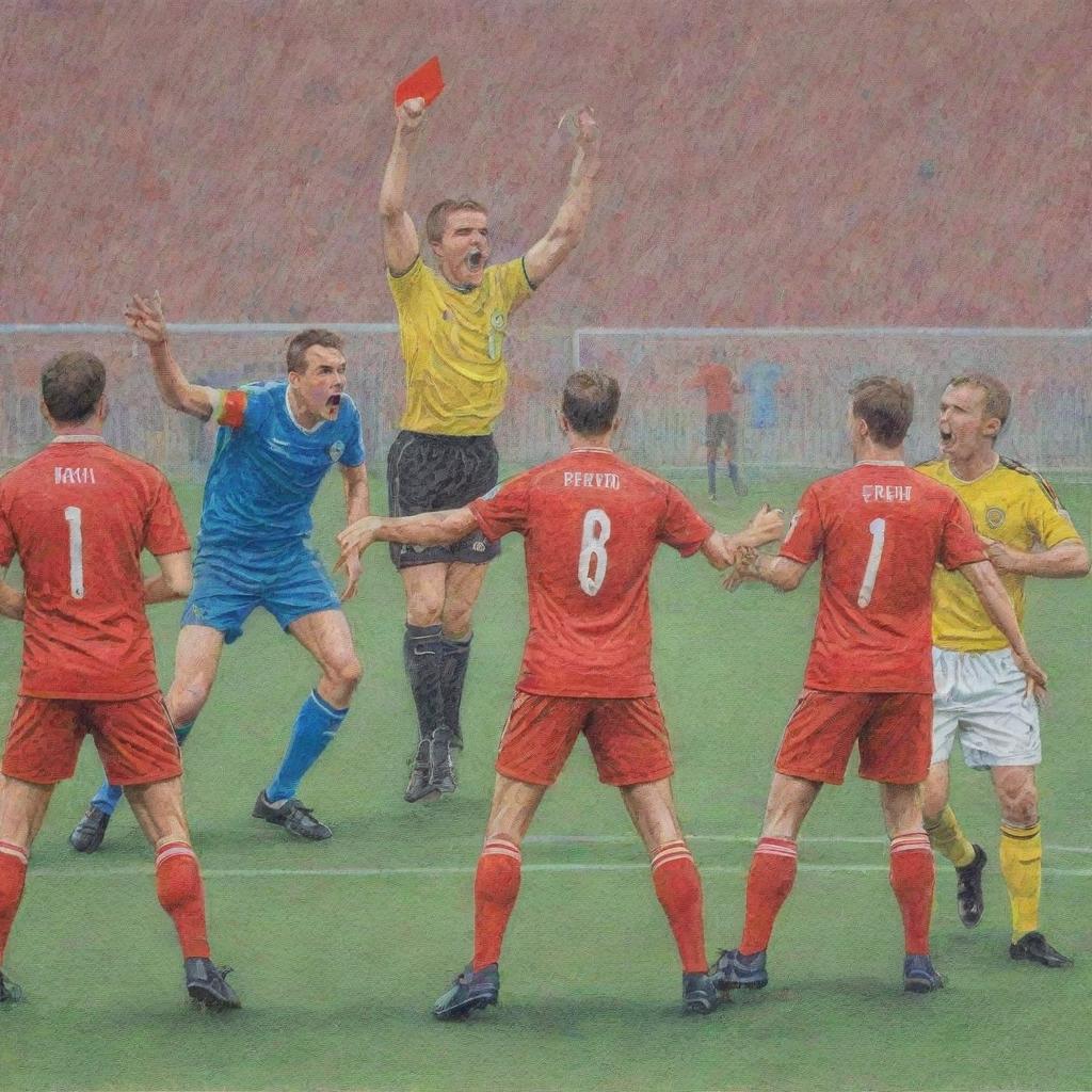 The same scene of the intense football match with angry players protesting against a referee with a red card, but now as a colorful pencil drawing