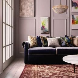 Modern, elegant sitting room interior designs with plush sofas, sleek coffee table, richly patterned rugs, and artistic wall decorations.