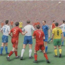 The same scene of the intense football match with angry players protesting against a referee with a red card, but now as a colorful pencil drawing