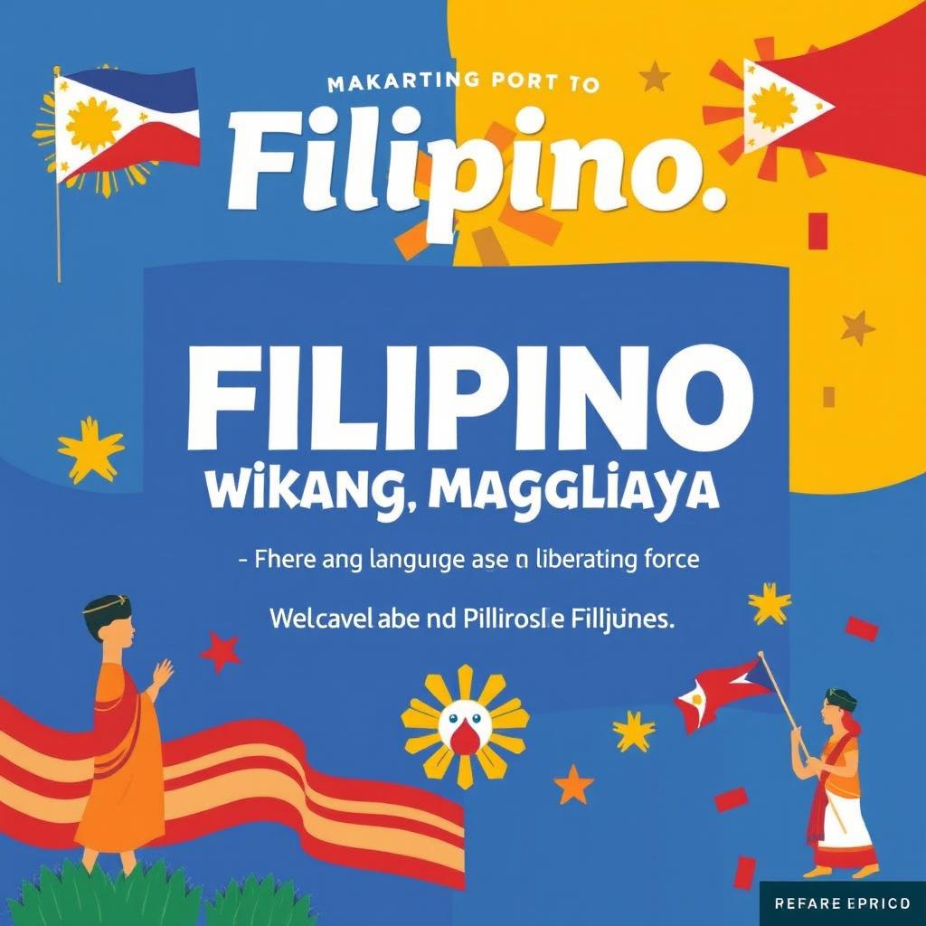 Create a poster for 'Filipino, Wikang Mapaglaya' that highlights the theme of the Filipino language as a liberating force