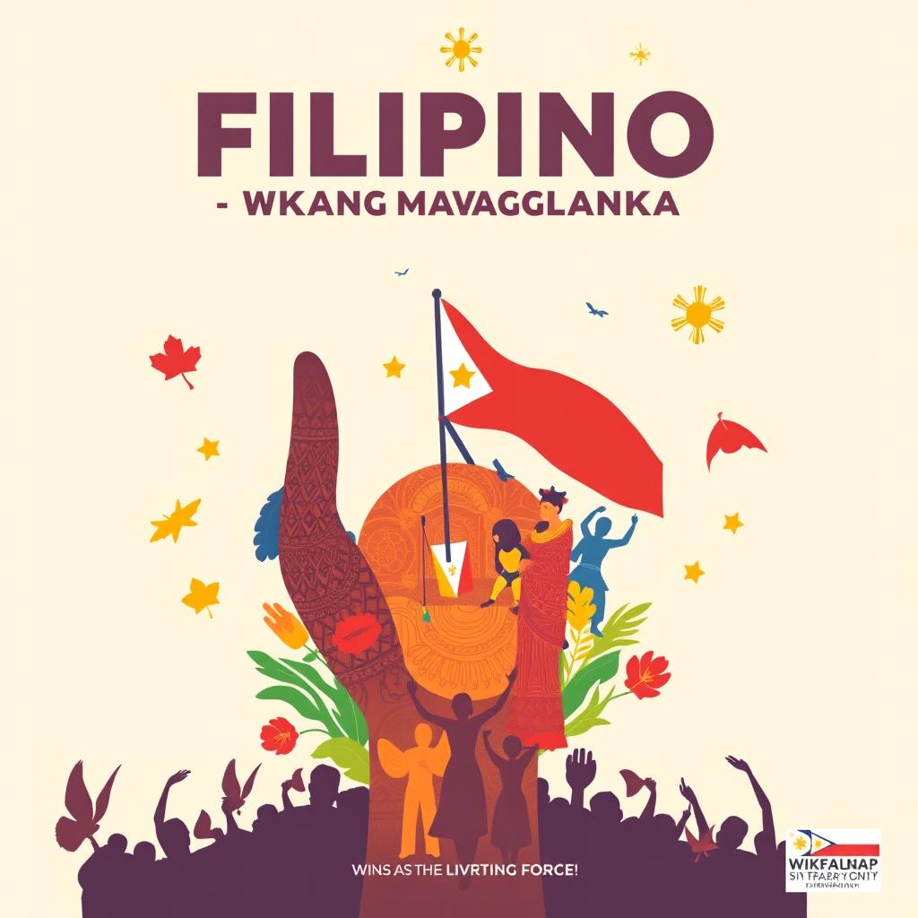 Create a poster for 'Filipino, Wikang Mapaglaya' that highlights the theme of the Filipino language as a liberating force