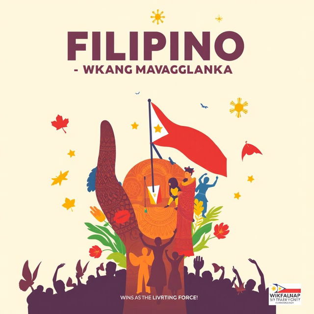 Create a poster for 'Filipino, Wikang Mapaglaya' that highlights the theme of the Filipino language as a liberating force