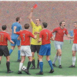 The same scene of the intense football match with angry players protesting against a referee with a red card, but now as a colorful pencil drawing