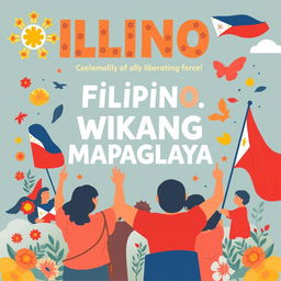 Create a poster for 'Filipino, Wikang Mapaglaya' that highlights the theme of the Filipino language as a liberating force