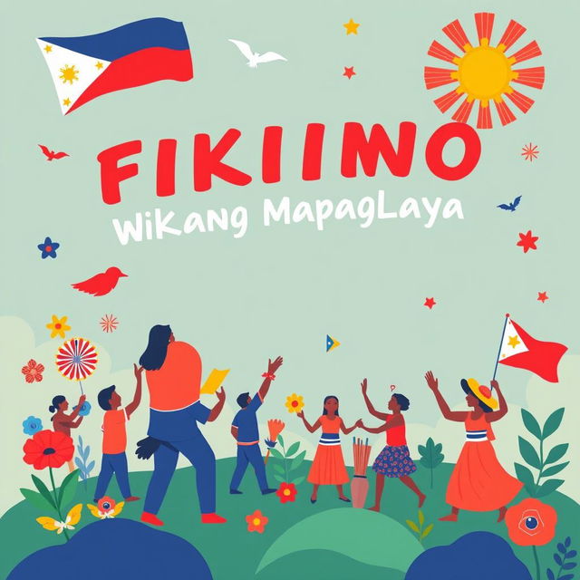 Create a poster for 'Filipino, Wikang Mapaglaya' that highlights the theme of the Filipino language as a liberating force