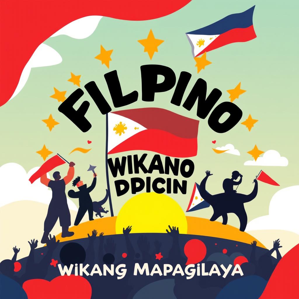 Create a poster for 'Filipino, Wikang Mapaglaya' that highlights the theme of the Filipino language as a liberating force