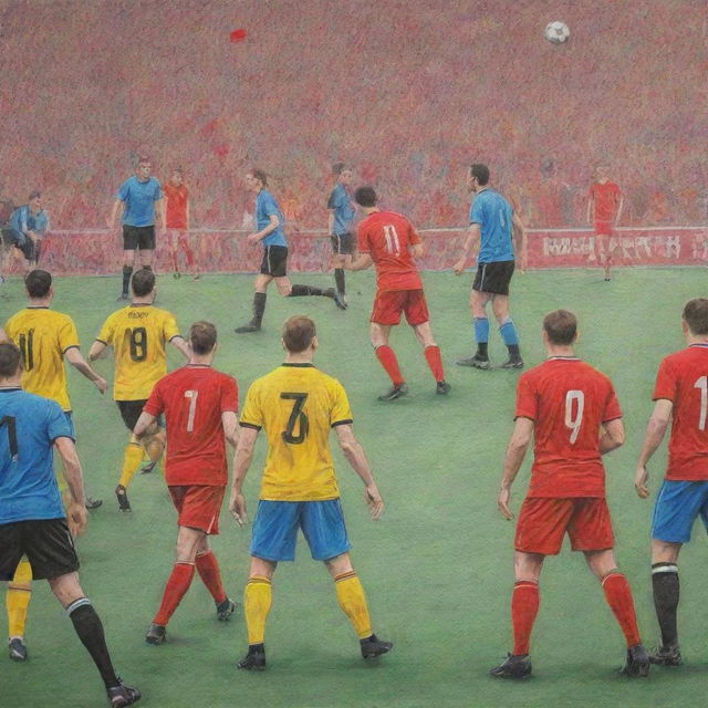 The same scene of the intense football match with angry players protesting against a referee with a red card, but now as a colorful pencil drawing
