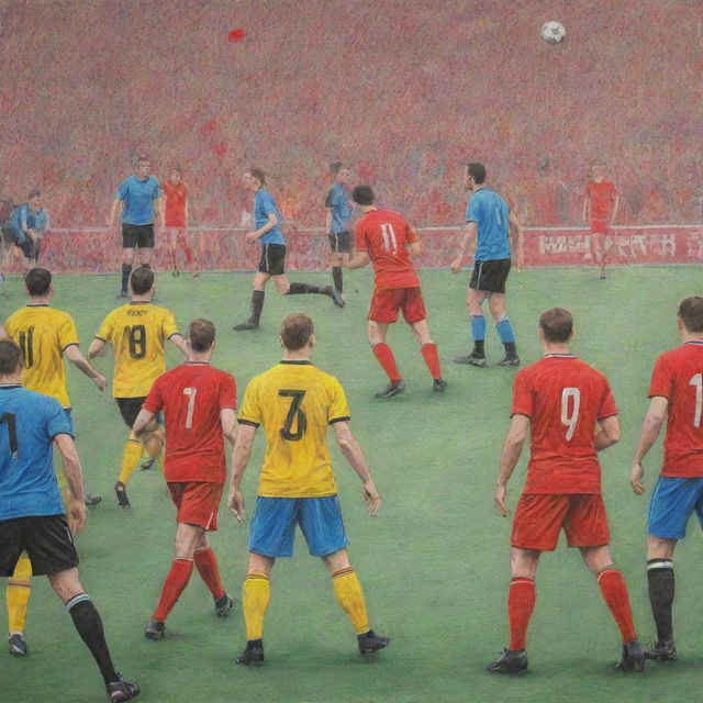 The same scene of the intense football match with angry players protesting against a referee with a red card, but now as a colorful pencil drawing