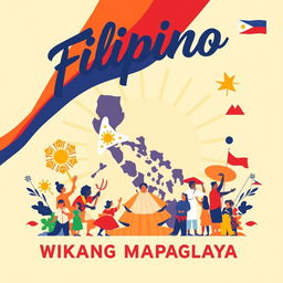 Create a poster for 'Filipino, Wikang Mapaglaya' that highlights the theme of the Filipino language as a liberating force