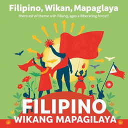 Create a poster for 'Filipino, Wikang Mapaglaya' that highlights the theme of the Filipino language as a liberating force