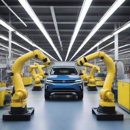 Genera una imagen del interior de una fábrica de autos eléctricos, mostrando las líneas de ensamblaje, robots trabajando, y empleados supervisando la producción