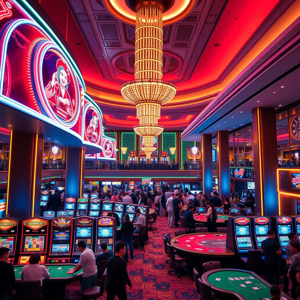 A vibrant and luxurious new casino with bright neon lights, elegant interior design, and a lively atmosphere