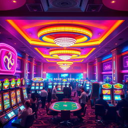 A vibrant and luxurious new casino with bright neon lights, elegant interior design, and a lively atmosphere