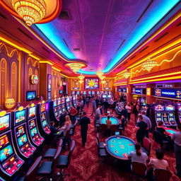 A vibrant and luxurious new casino with bright neon lights, elegant interior design, and a lively atmosphere