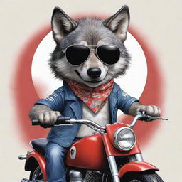 A dynamic cartoon image of a cool wolf with sunglasses and a bandana, deftly riding a motorbike with the letters 'MES' boldly emblazoned on its side.