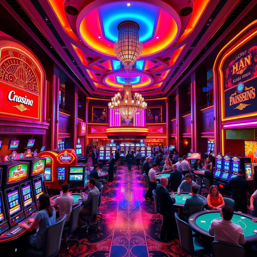 A vibrant and luxurious new casino with bright neon lights, elegant interior design, and a lively atmosphere