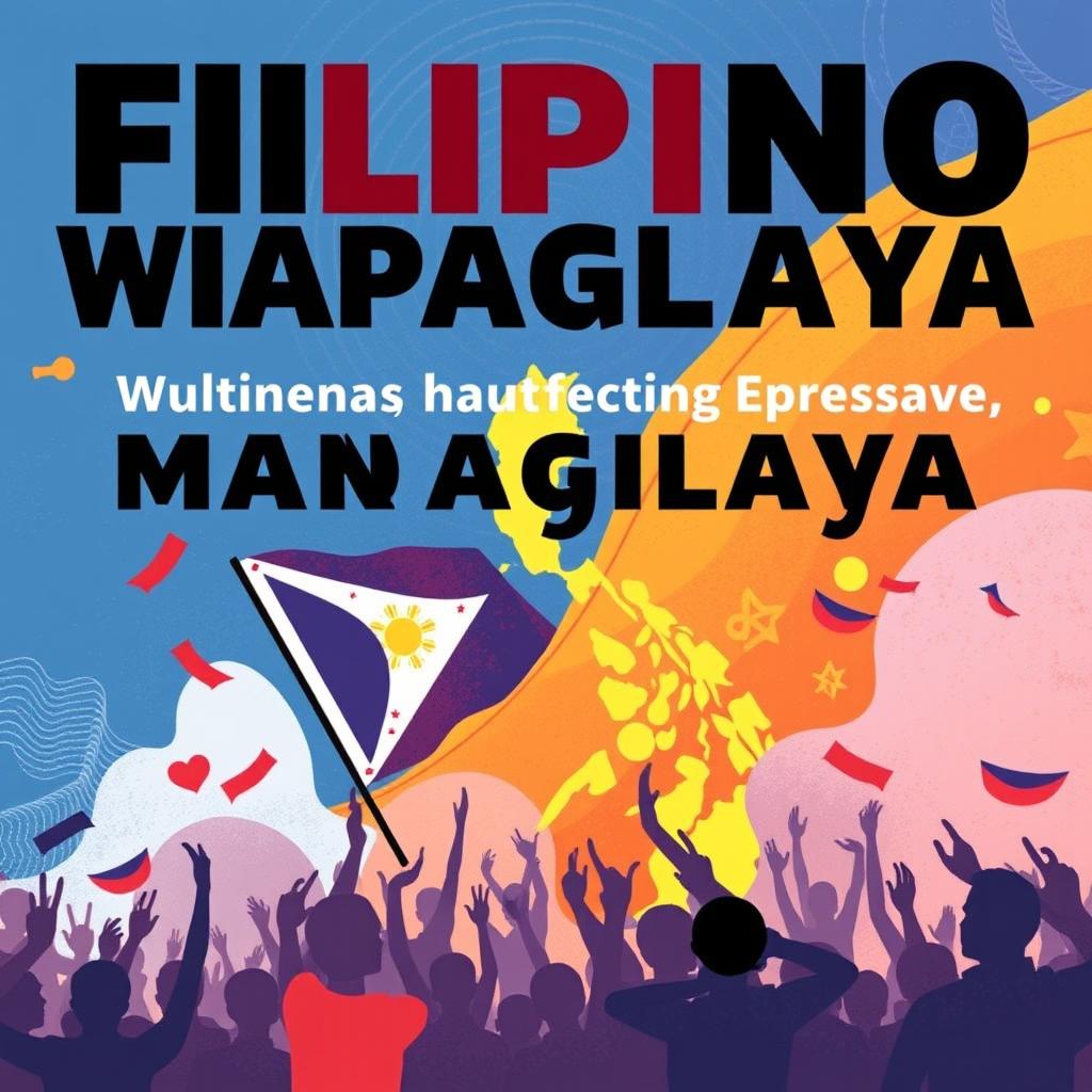 Create a poster for 'Filipino, Wikang Mapaglaya' that highlights the theme of the Filipino language as a liberating force