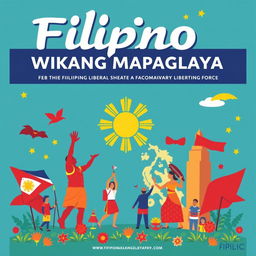 Create a poster for 'Filipino, Wikang Mapaglaya' that highlights the theme of the Filipino language as a liberating force