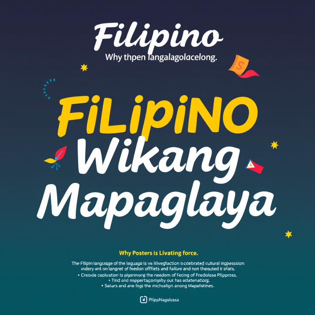 Create a poster for 'Filipino, Wikang Mapaglaya' that highlights the theme of the Filipino language as a liberating force