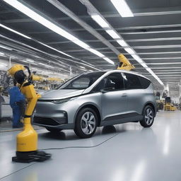 Genera una imagen del interior de una fábrica donde se fabrican autos eléctricos