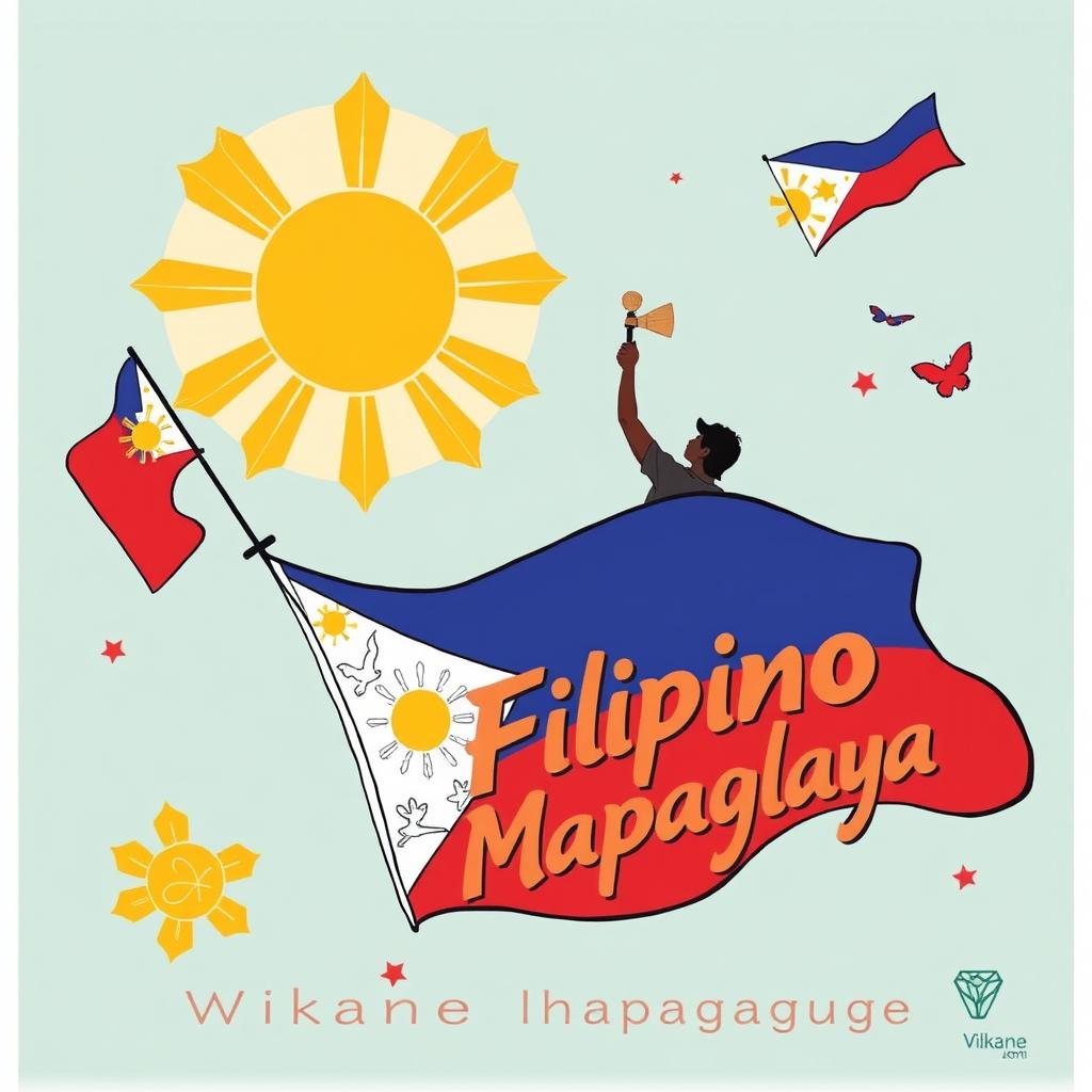 Create a poster and drawing for 'Filipino, Wikang Mapaglaya' that highlights the theme of the Filipino language as a liberating force