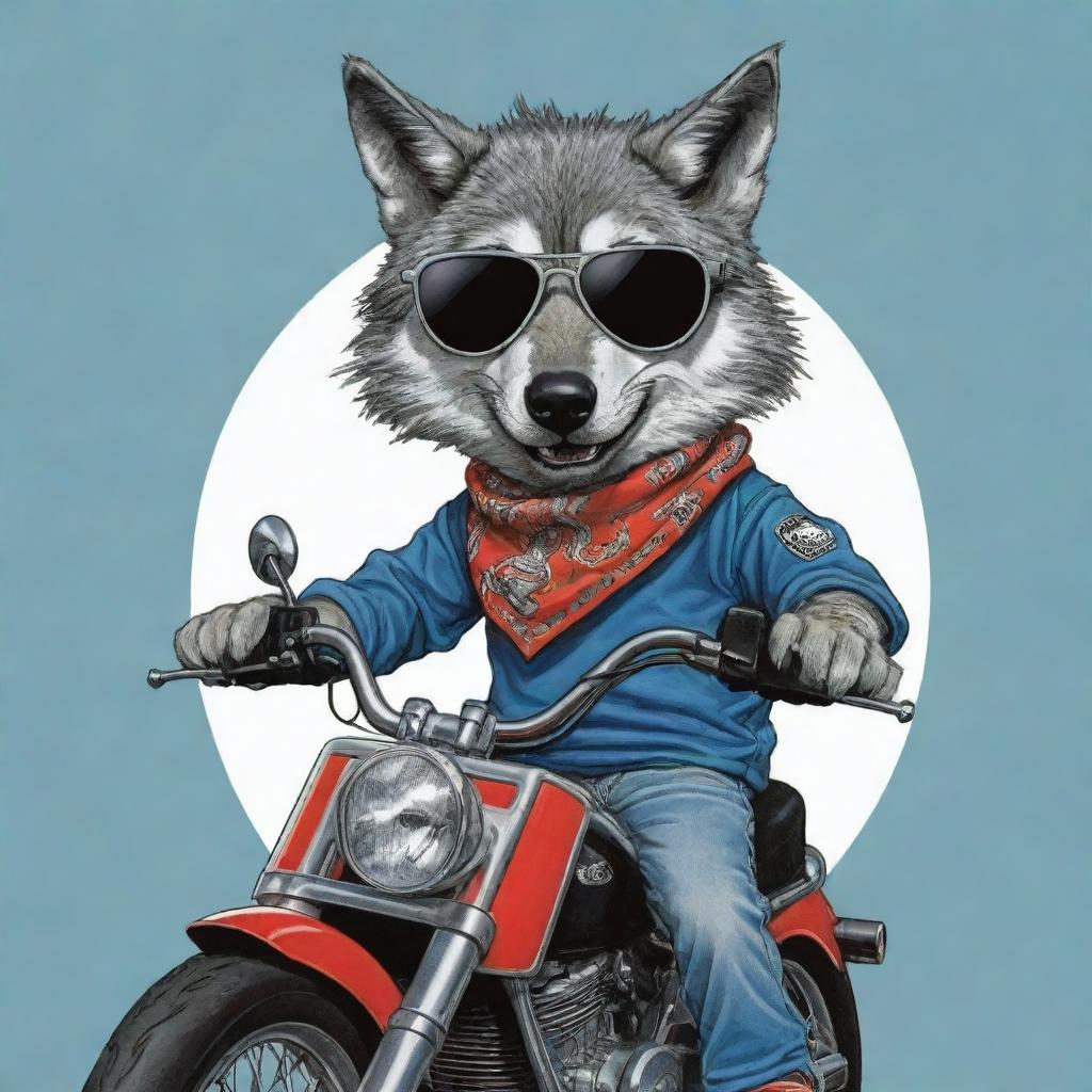 A dynamic cartoon image of a cool wolf with sunglasses and a bandana, deftly riding a motorbike with the letters 'MES' boldly emblazoned on its side.