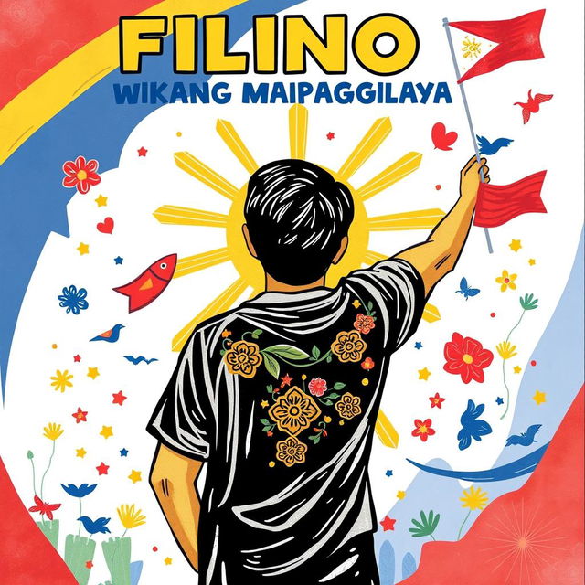 Create a poster and drawing for 'Filipino, Wikang Mapaglaya' that highlights the theme of the Filipino language as a liberating force