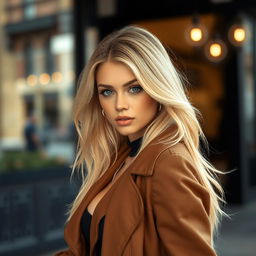 A confident and stylish blond girl with an alluring presence