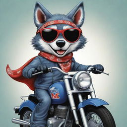 A dynamic cartoon image of a cool wolf with sunglasses and a bandana, deftly riding a motorbike with the letters 'MES' boldly emblazoned on its side.