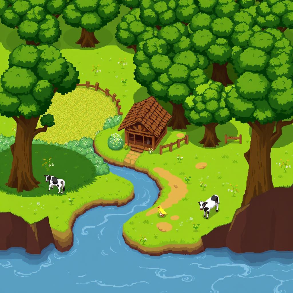 Crie um cenário de jogo no tema rural em pixel art