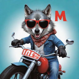 A dynamic cartoon image of a cool wolf with sunglasses and a bandana, deftly riding a motorbike with the letters 'MES' boldly emblazoned on its side.